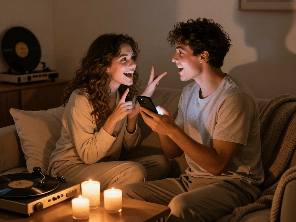 Couple engaging in ai dirty talk, cozy atmosphere with candles and playful expressions.