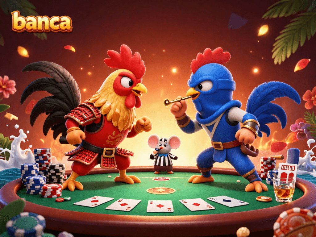 Banca showcases exciting gameplay with a spirited rooster duel at a vibrant poker table.