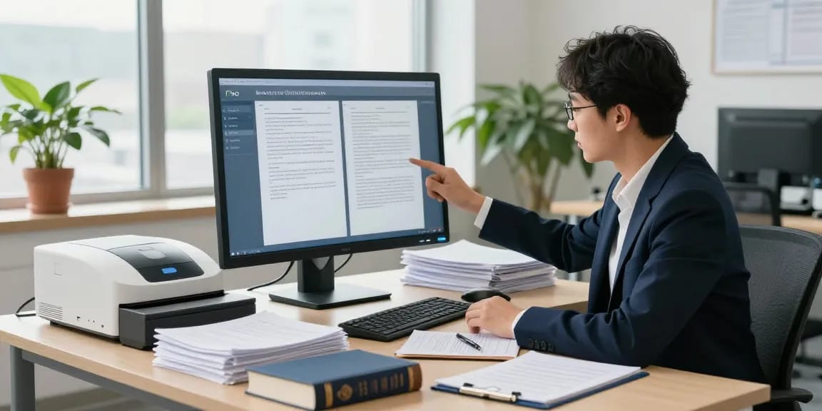 Meticulous professional analyzing document fraud detection tools in an office.