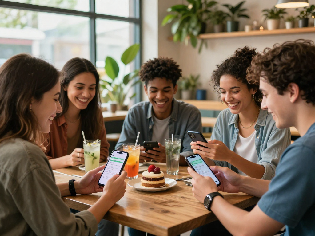 Young adults enjoying spicychat app in vibrant café setting, capturing social connections.