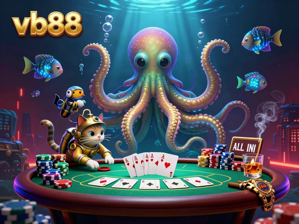 Experience thrills with vb88 at an underwater poker scene featuring a golden kraken, a diving cat, and vibrant game elements.