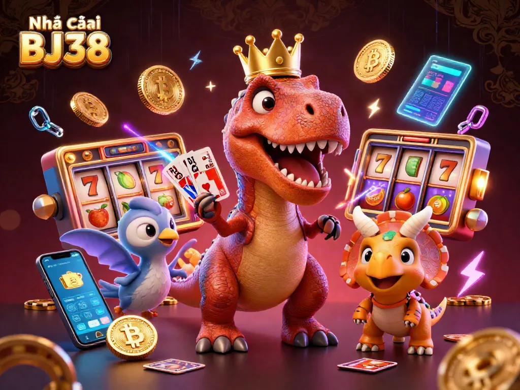 Engage in action-packed fun at Nhà cái BJ38 with cartoon characters, vibrant casino elements, and digital crypto games.