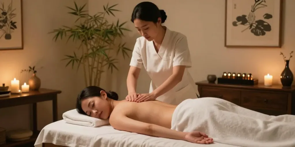 송파출장안마 in a luxurious spa environment with a therapist and relaxing atmosphere.