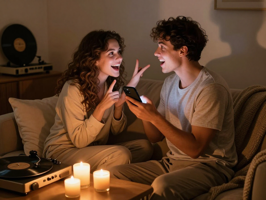 Couple engaging in ai dirty talk, cozy atmosphere with candles and playful expressions.