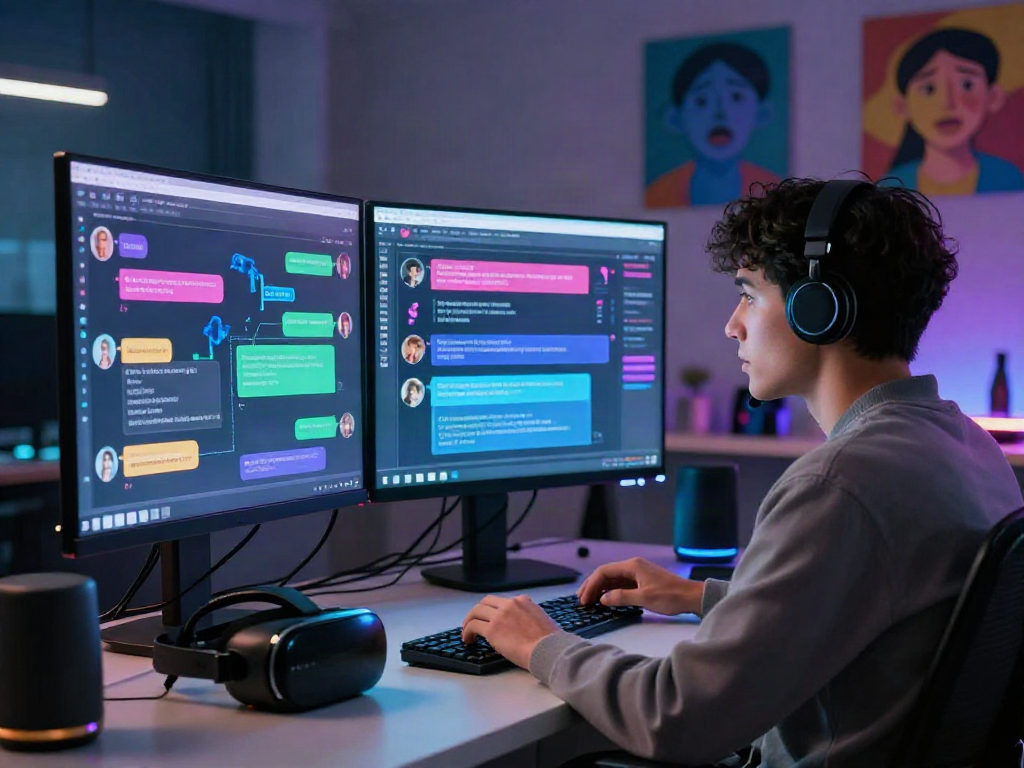 User engaging with ai nsfw chat in a high-tech digital environment filled with holographic screens.