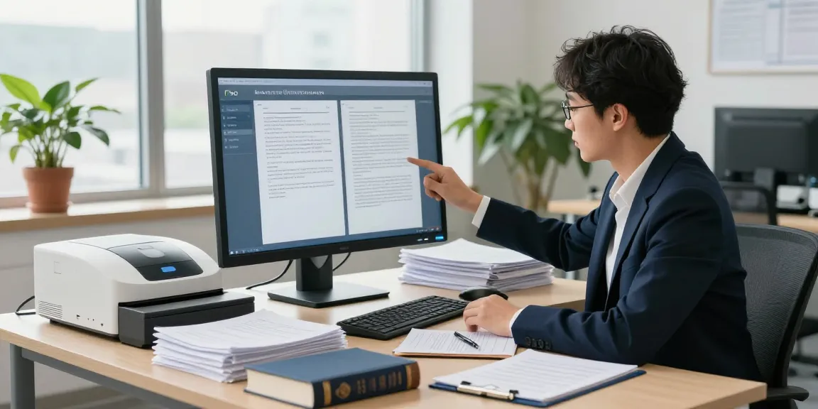 Meticulous professional analyzing document fraud detection tools in an office.