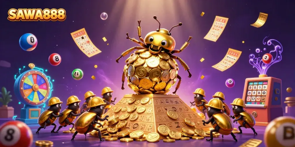 Experience winning excitement with SAWA888, as golden beetles and gaming symbols showcase an animated lottery scene.
