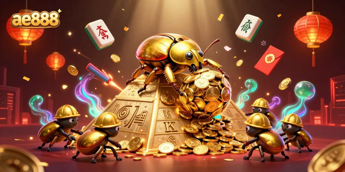 Experience excitement at ae888 as golden beetles roll coins in a vibrant casino scene.