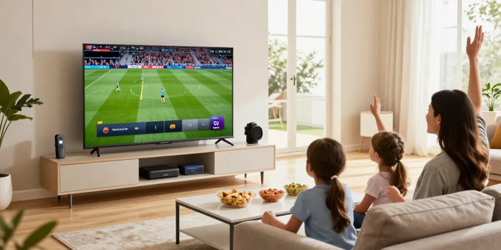 Miglior IPTV italia family enjoying sports in a modern living room.
