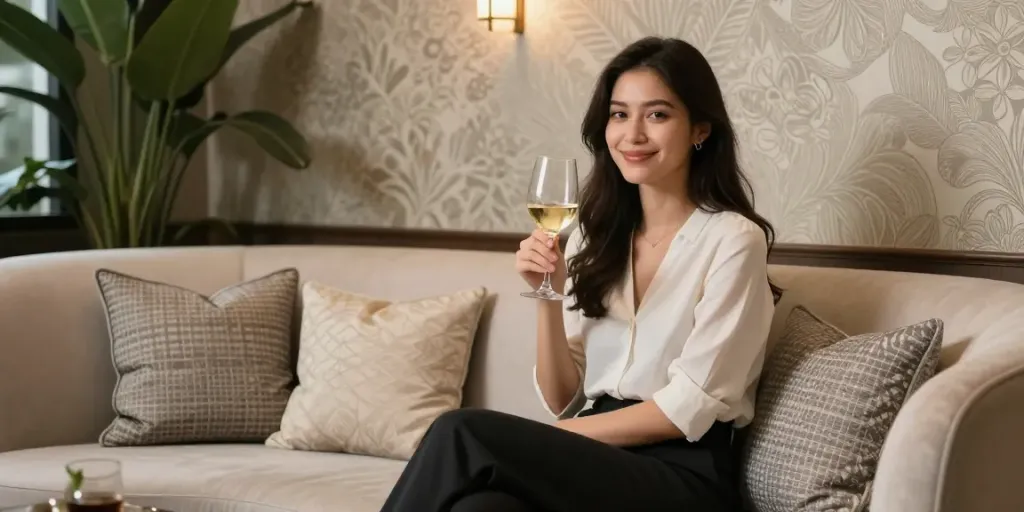 Beautiful young woman in an elegant lounge, showcasing נערות ליווי בראשון לציון in an inviting setting.