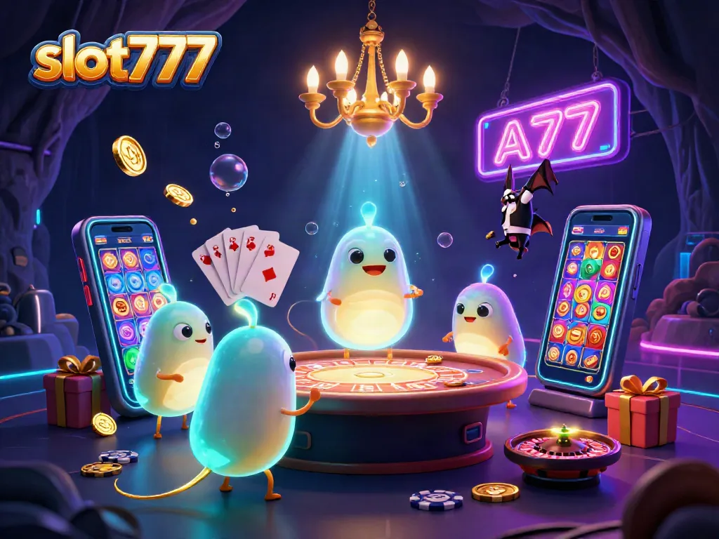 Engage with slot777 in a vibrant, animated cave casino illuminated by bioluminescent glowworms and dynamic slot reels.