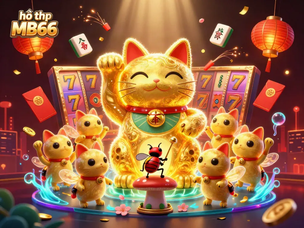 Engage with the lively world of hỗ trợ MB66 as golden fireflies and a lucky cat celebrate casino symbols and excitement.