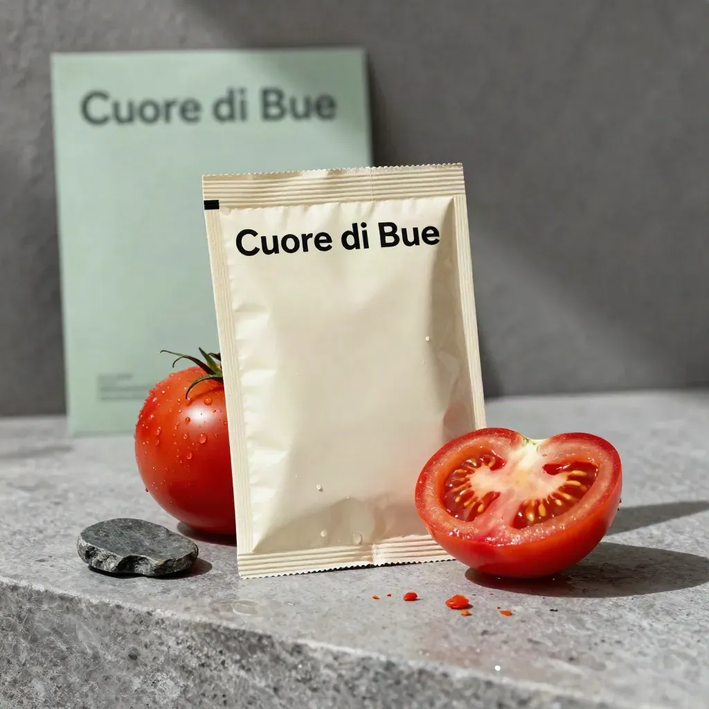 Busta semi di pomodoro Cuore di Bue con fetta di pomodoro, gocce d’acqua e pietra bagnata.