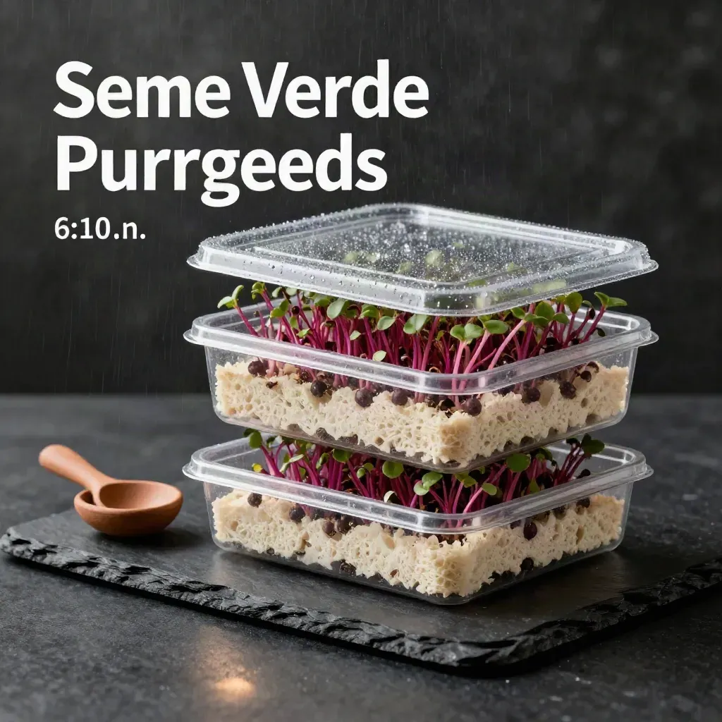 Kit microgreens in vaso, germogli di ravanello, vaschette e attrezzi su fondo scuro e drammatico.