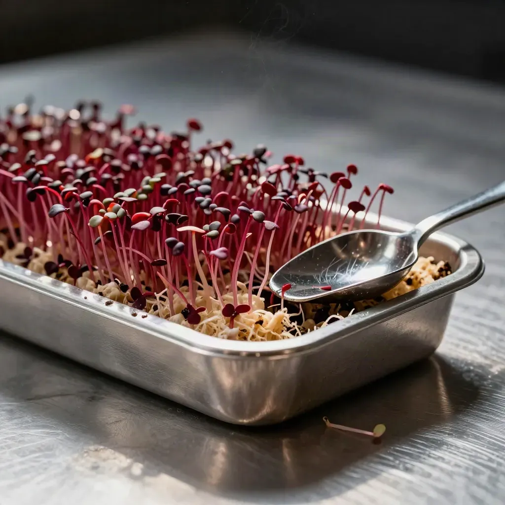 Microgreens di ravanello su tappetino di cocco con cucchiaio metallico e fibre umide