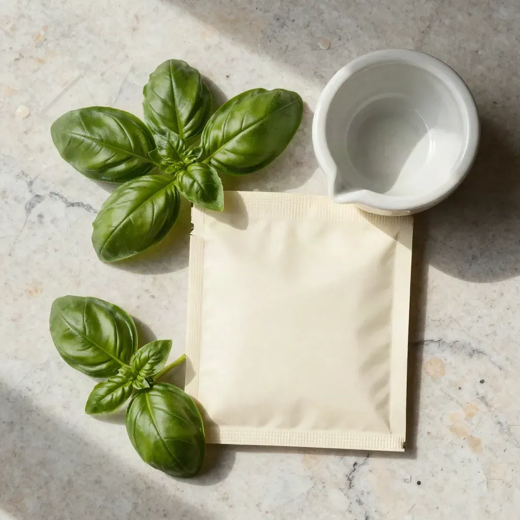 Flat lay di semi di basilico, foglie spezzate, mortaio in ceramica e schegge di marmo.