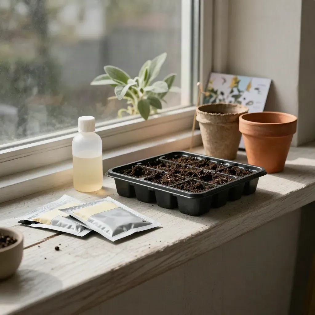 Set primaverile per orto con semi, vassoio germinazione, concime e vasi in terracotta.