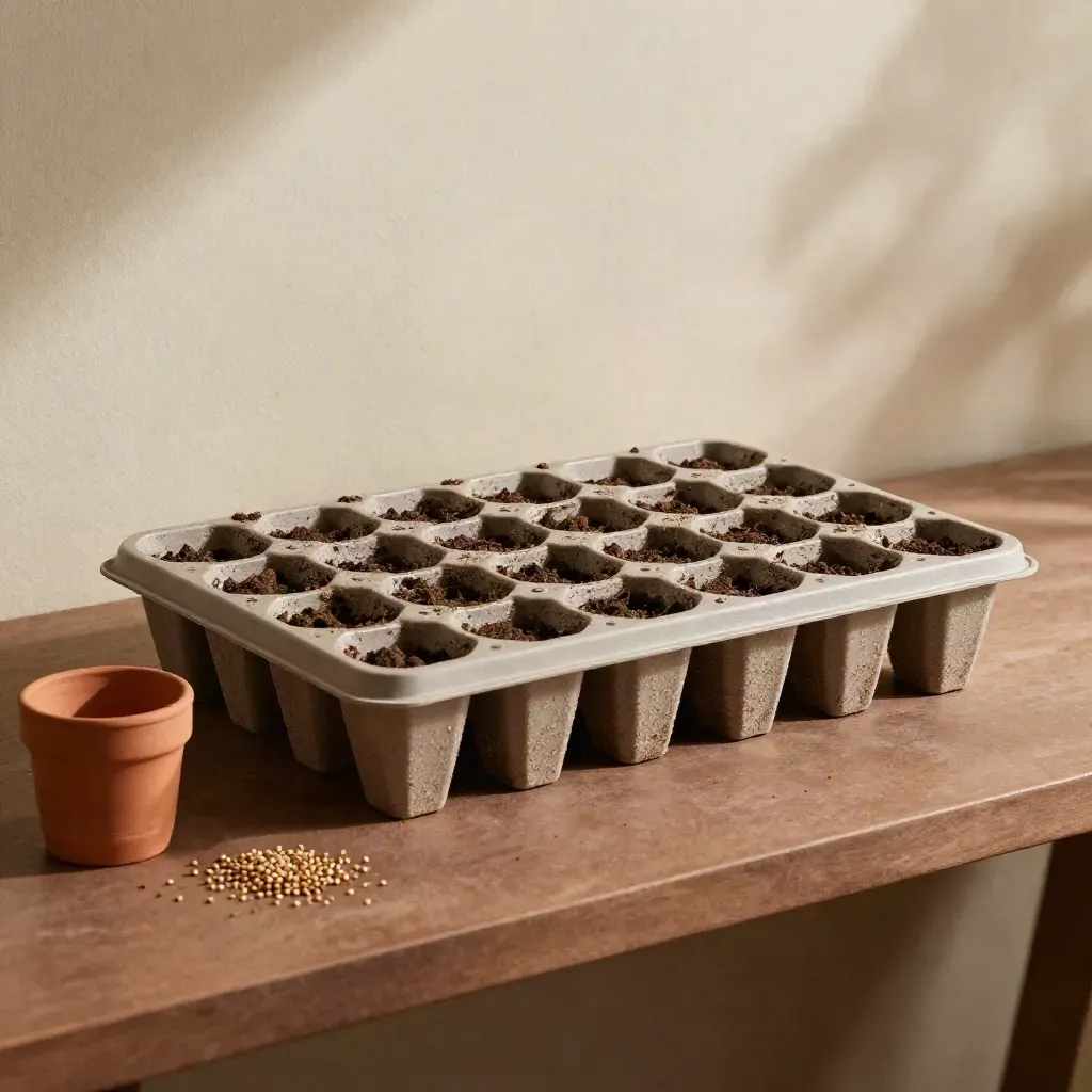 Vassoio germinazione 24 celle con cubetti di torba, tazza in ceramica e semi ordinati.