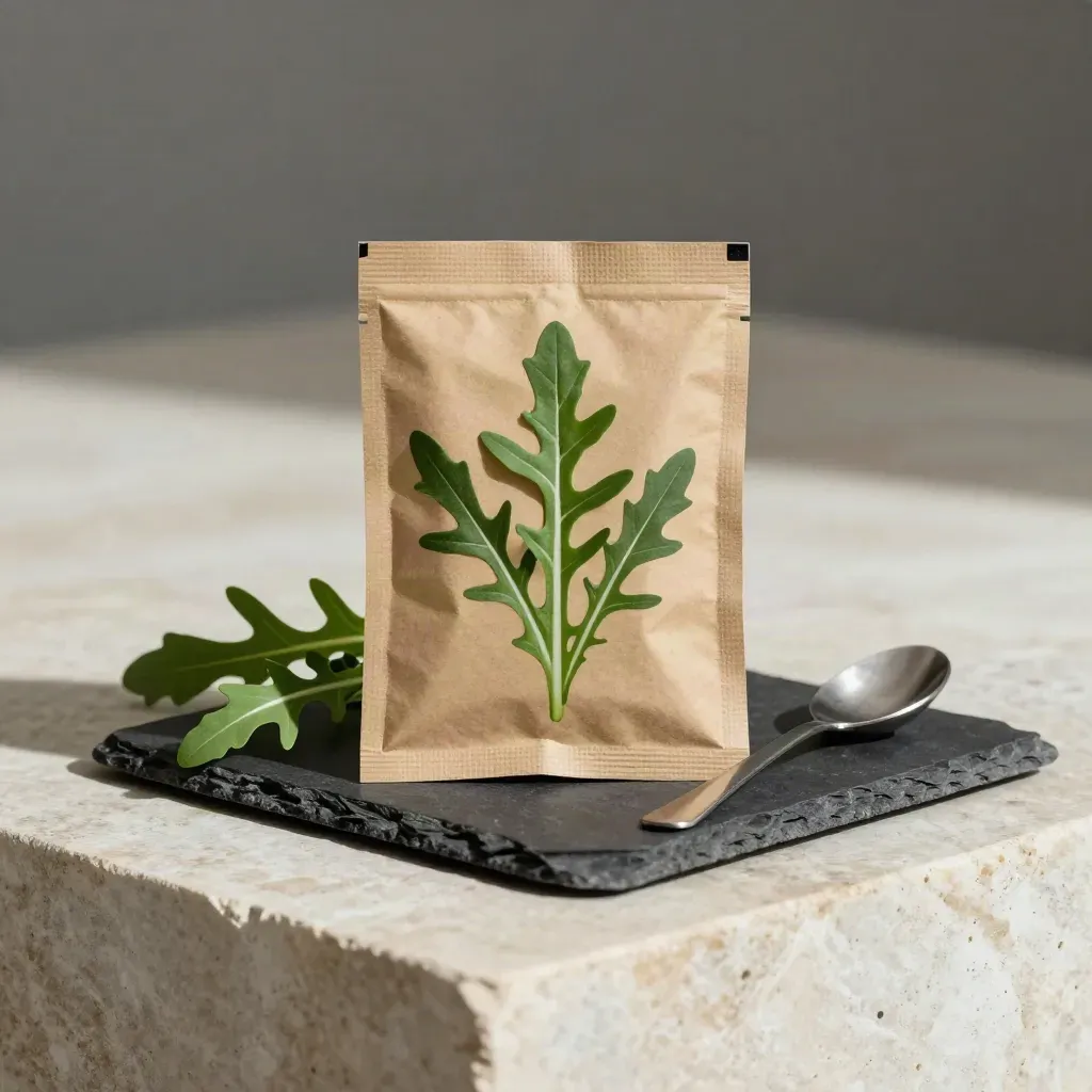 Bustina di semi di rucola selvatica con foglie fresche, ardesia e cucchiaino su pietra chiara.