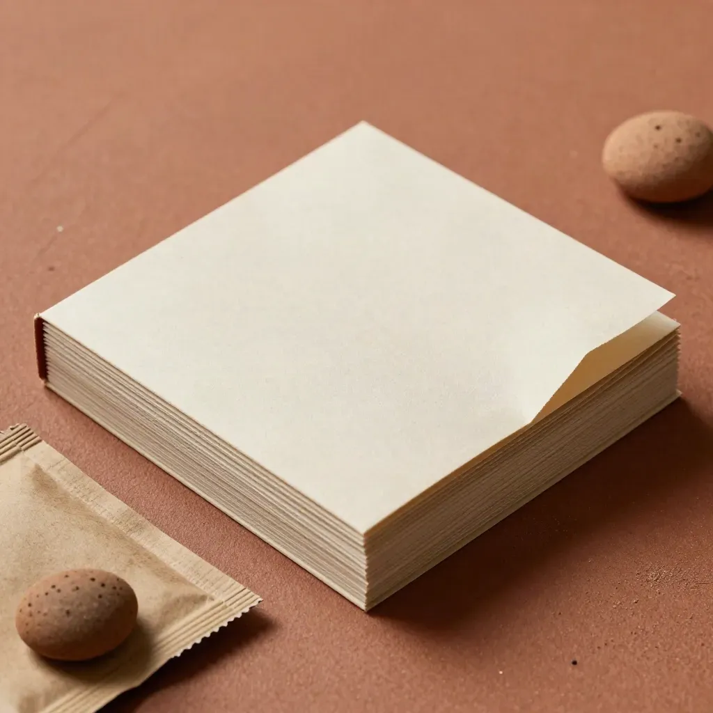 Libretto semina chiuso con pagine a tab, bordo di bustina semi e granulo d’argilla su fondo terracotta.