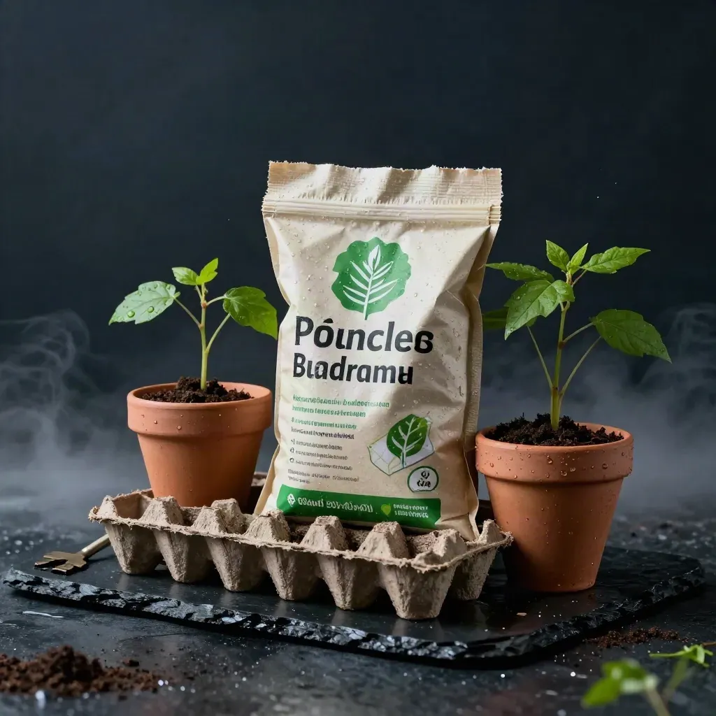 Bundle primaverile di semi, vassoi, vasi e concime su pietra bagnata con nebbia e riflessi.