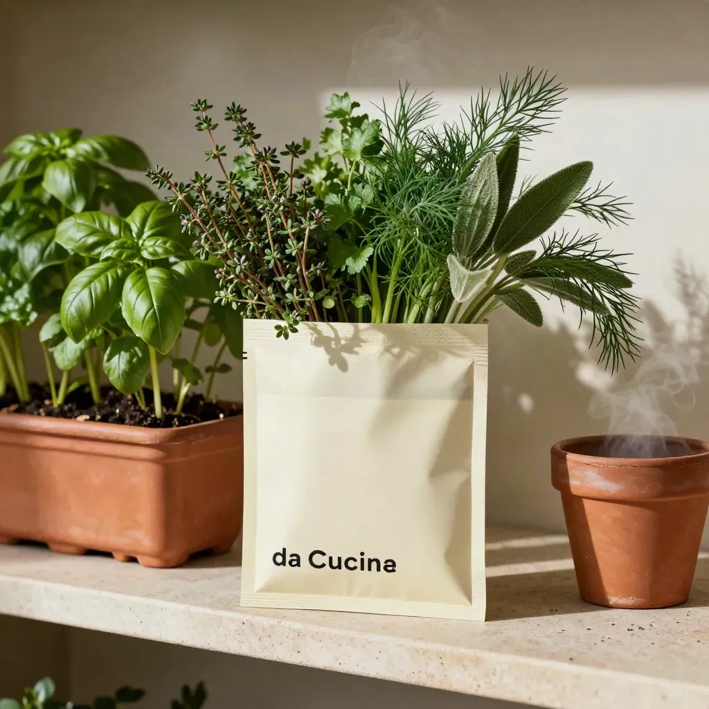 Bustina di semi di erbe aromatiche con germogli su ripiano in pietra e terracotta.
