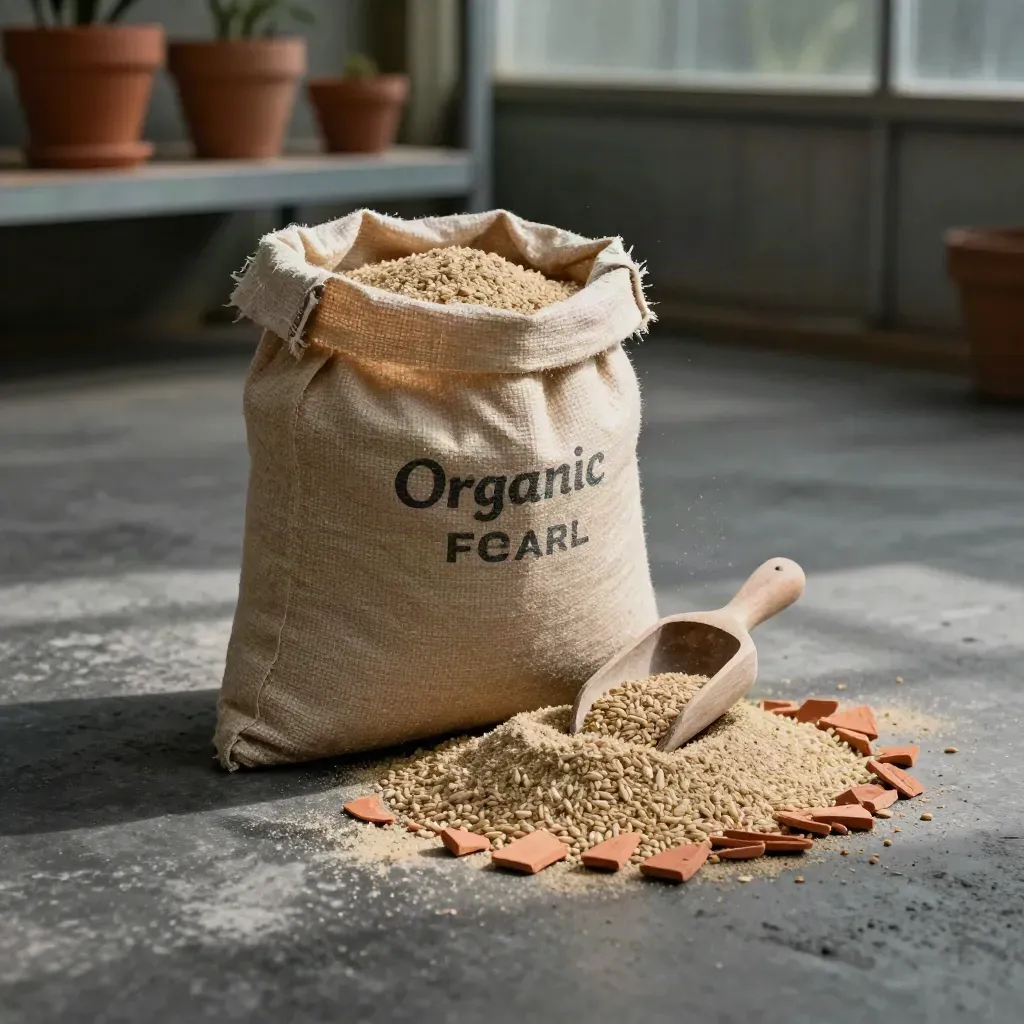 Sacco di concime naturale con cucchiaio di legno e chips di terracotta su pavimento di serra