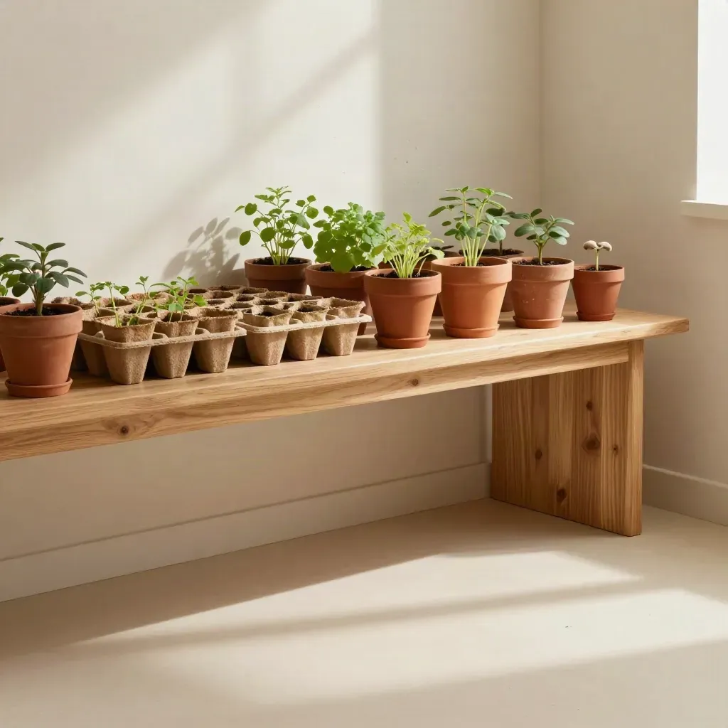 Banco serra luminoso con vasi in terracotta, vasetti biodegradabili e piantine di erbe