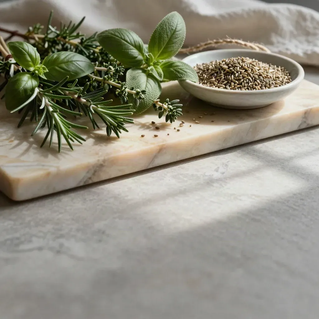 Rami di erbe aromatiche su lastra di marmo caldo, luce morbida e spazio vuoto per il titolo.