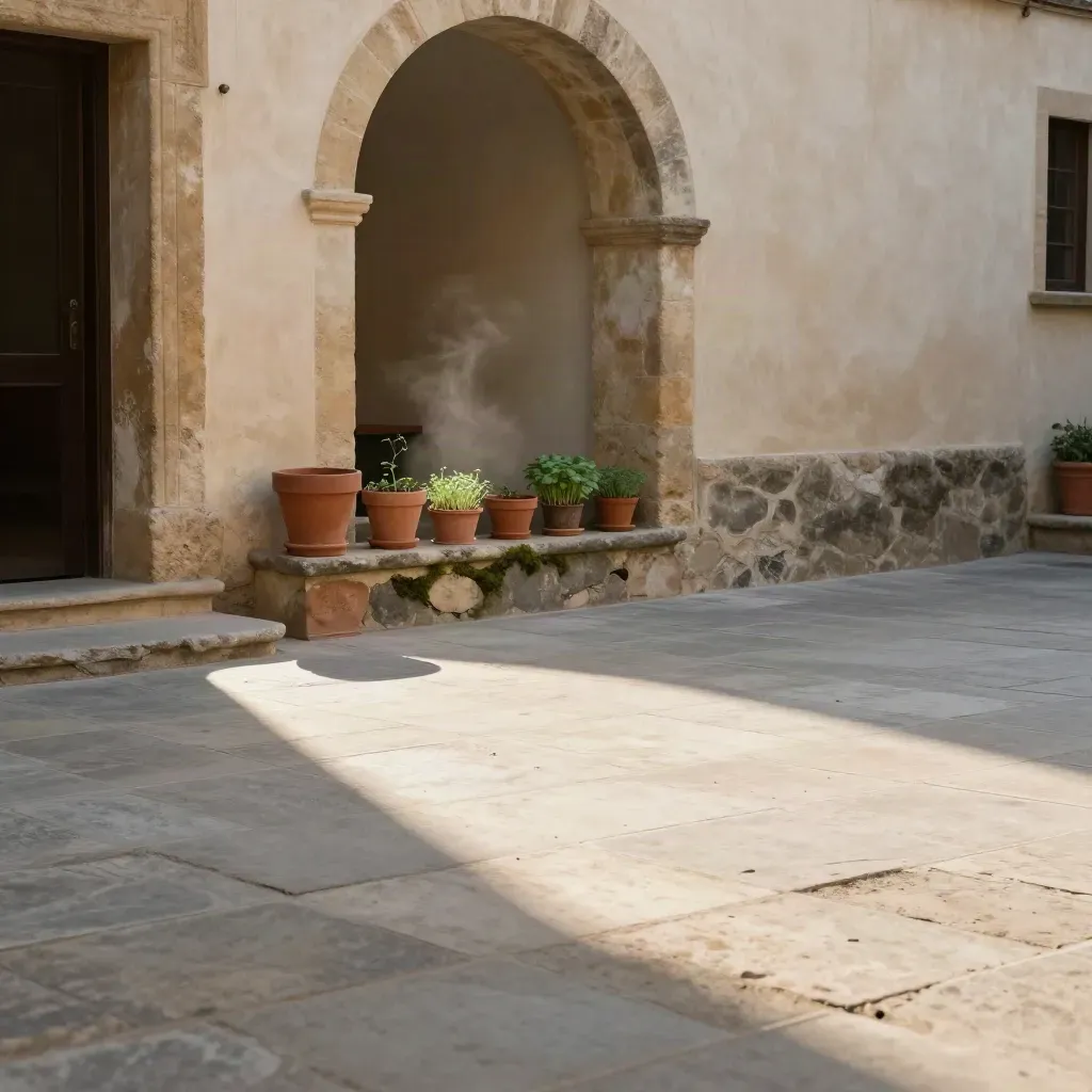 Cortile in pietra con arco e vasetti per piantine, luce calda e spazio vuoto in basso.