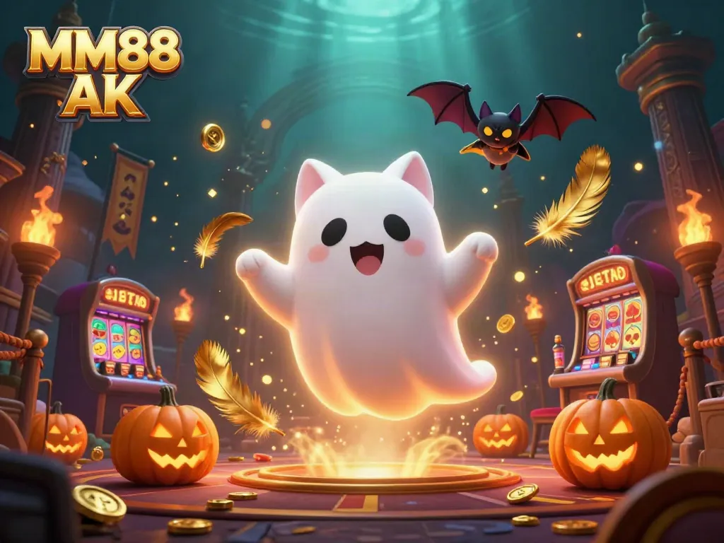 Engage in thrilling MM88 AK casino adventures with a playful ghost cat and vibrant game elements.