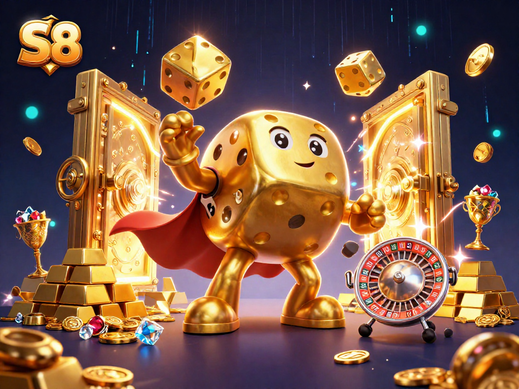 Experience thrilling S8 gaming moments with golden dice characters and treasures surrounding a dynamic casino scene.
