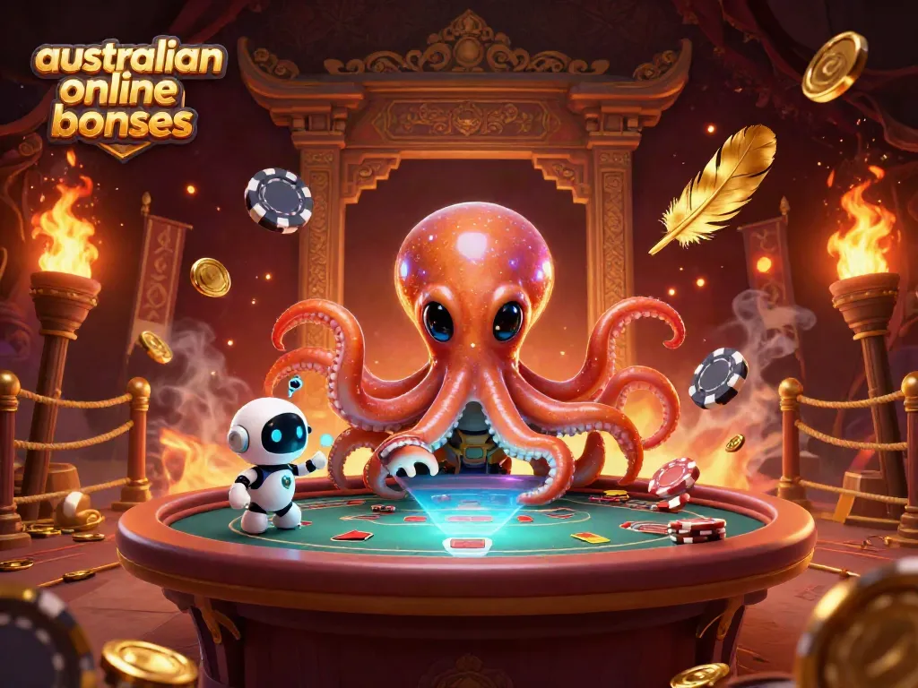 Engage with australian online casino bonuses in this vibrant 3D illustration featuring an alien octopus at a futuristic poker table.