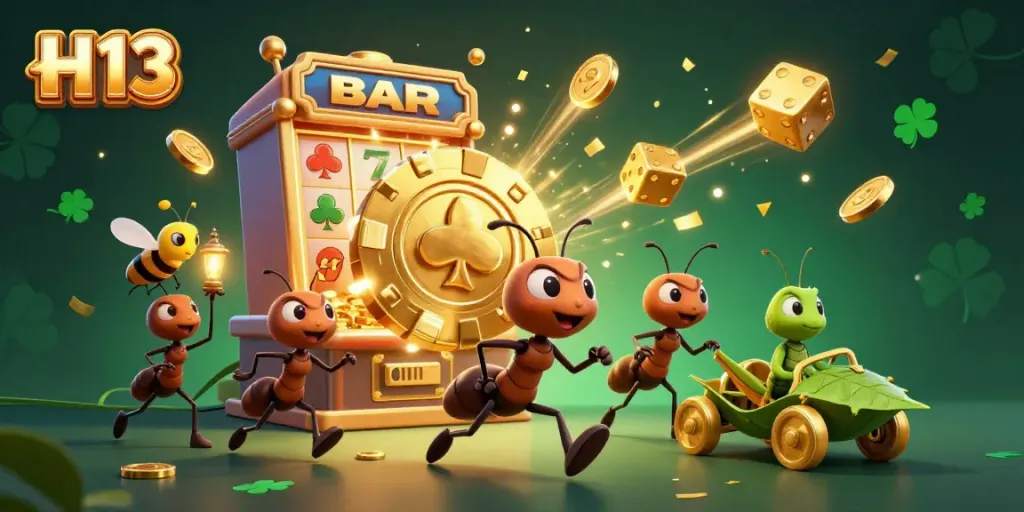 Engaging H 13 casino adventure featuring a heist by ants, golden poker chip, and jackpots.