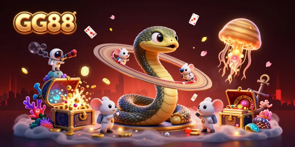 GG88's vibrant 3D illustration depicts a Saturn ring snake and astronaut mice in a thrilling casino setting.